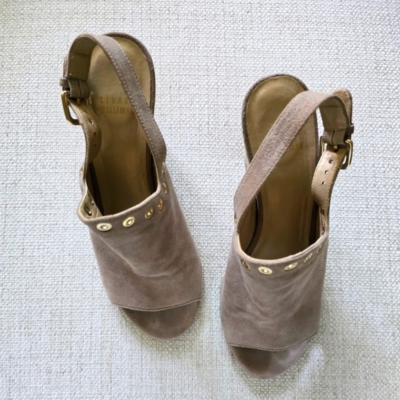 STUART WEITZMAN Suede Cork Wedges Slingbacks Grommet Lasercut Sandals 8.5 - Picture 2 of 8